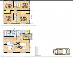 京都市伏見区深草大亀谷万帖敷町、新築一戸建ての間取り画像です