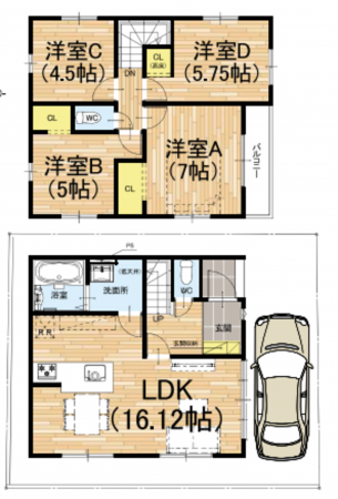 京都市伏見区向島庚申町、新築一戸建ての間取り画像です