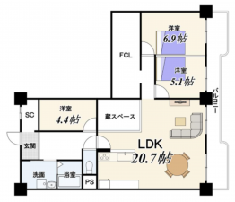 京都市南区吉祥院仁木ノ森町、マンションの間取り画像です