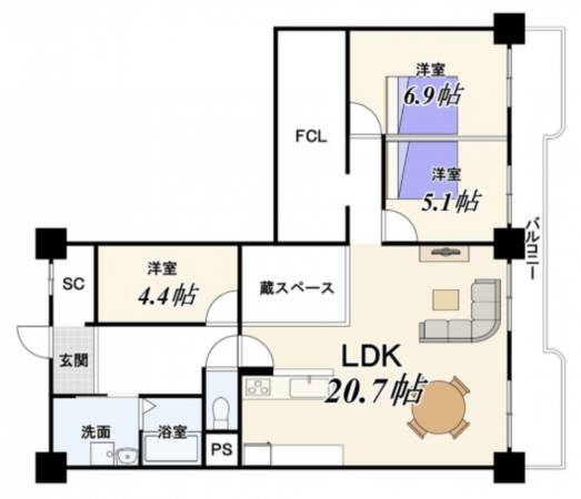 京都市南区吉祥院仁木ノ森町、マンションの間取り画像です