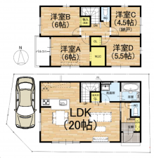 京都市伏見区醍醐柏森町、新築一戸建ての間取り画像です
