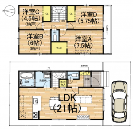 京都市伏見区醍醐新開、新築一戸建ての間取り画像です