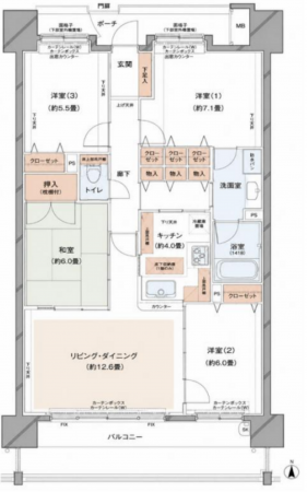 朝霞市三原、マンションの間取り画像です