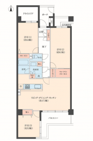 宝塚市雲雀丘山手、マンションの間取り画像です