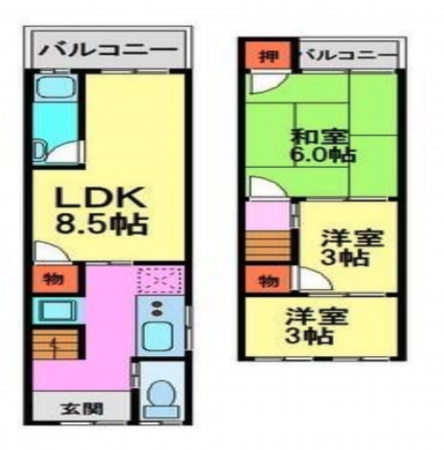 川西市霞ケ丘、中古一戸建ての間取り画像です