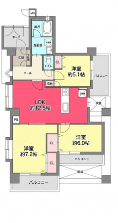 宝塚市雲雀丘山手、マンションの間取り画像です