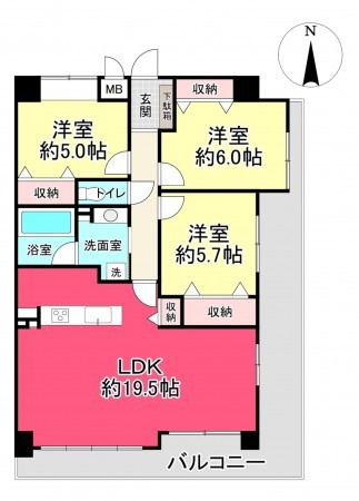 宝塚市雲雀丘、マンションの間取り画像です