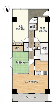 大津市萱野浦、マンションの間取り画像です