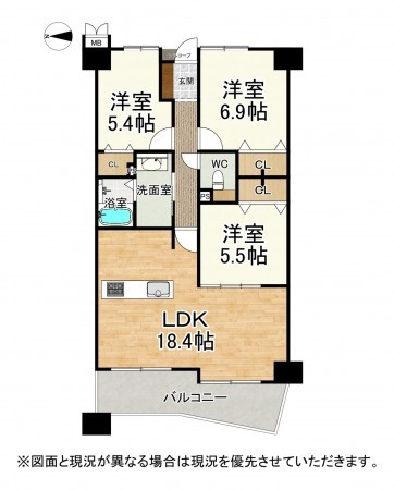 草津市矢橋町、マンションの間取り画像です