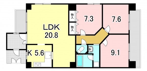 一宮市木曽川町三ツ法寺、マンションの間取り画像です