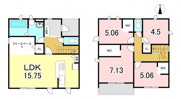 一宮市馬見塚、新築一戸建ての間取り画像です