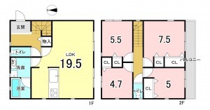 広島市西区己斐大迫、新築一戸建ての間取り画像です