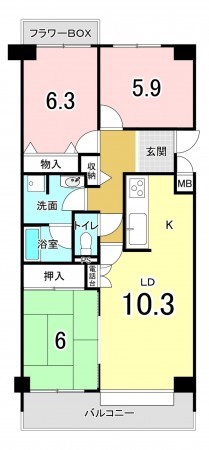 広島市西区井口台、マンションの間取り画像です