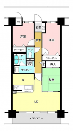 岡山市北区高柳東町、マンションの間取り画像です