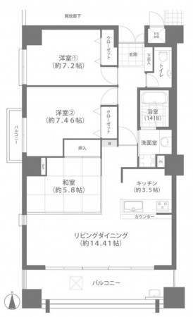 岡山市北区鹿田本町、マンションの間取り画像です