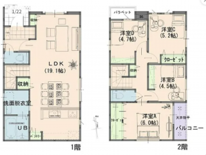 岡山市北区富田、新築一戸建ての間取り画像です