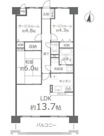 岡山市北区野田、マンションの間取り画像です