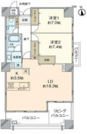 岡山市北区鹿田本町、マンションの間取り画像です