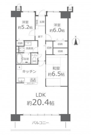岡山市北区今、マンションの間取り画像です