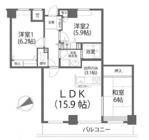 岡山市北区国体町、マンションの間取り画像です