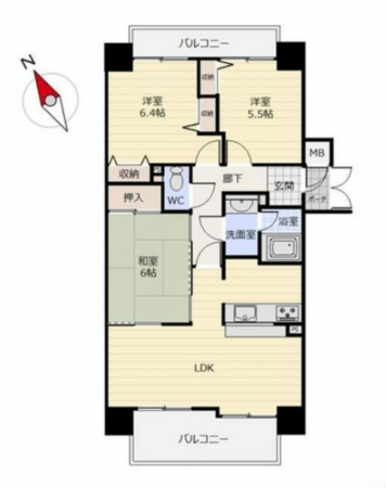 岡山市北区清輝橋、マンションの間取り画像です