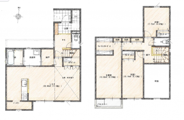 岡山市北区下中野、新築一戸建ての間取り画像です