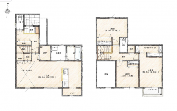 岡山市北区下中野、新築一戸建ての間取り画像です
