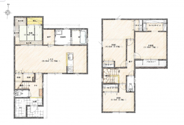岡山市北区下中野、新築一戸建ての間取り画像です