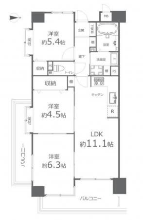 岡山市北区野田、マンションの間取り画像です