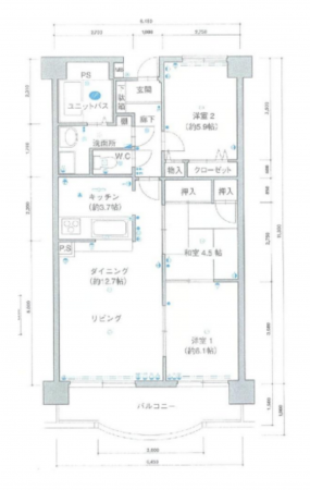 岡山市北区下中野、マンションの間取り画像です