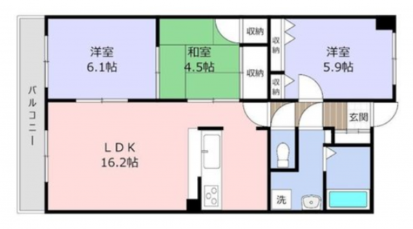 岡山市北区下中野、マンションの間取り画像です