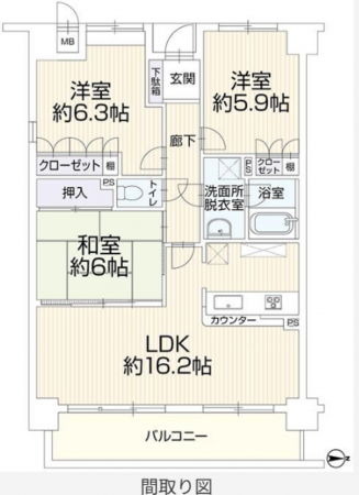 岡山市北区上中野、マンションの間取り画像です