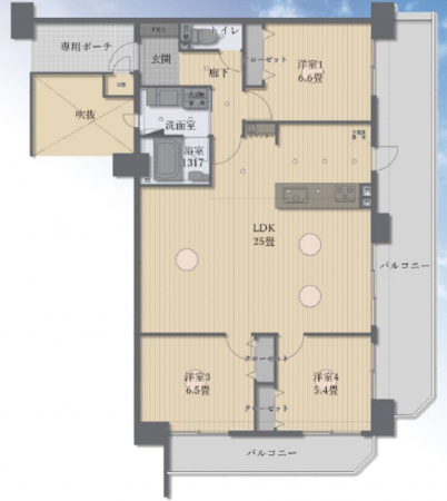 岡山市北区厚生町、マンションの間取り画像です