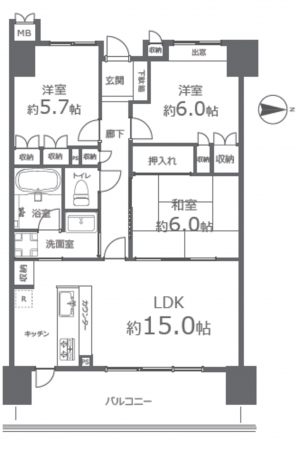 岡山市北区国体町、マンションの間取り画像です