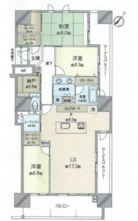 岡山市北区奉還町、マンションの間取り画像です