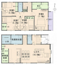 岡山市北区花尻あかね町、新築一戸建ての間取り画像です
