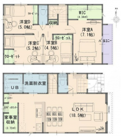 岡山市北区花尻あかね町、新築一戸建ての間取り画像です