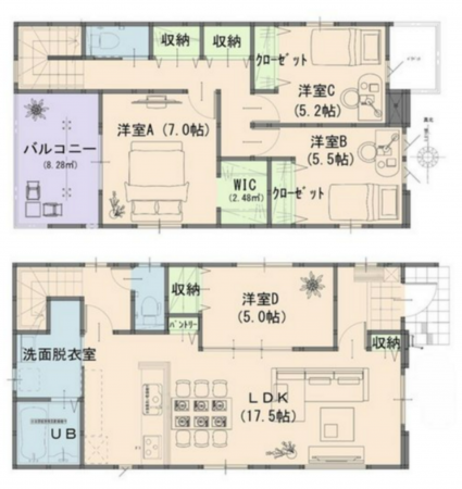 岡山市北区花尻あかね町、新築一戸建ての間取り画像です