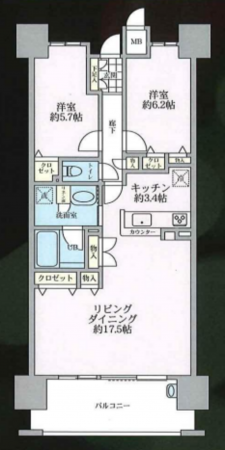 岡山市北区中山下、マンションの間取り画像です