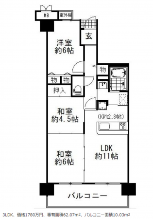 堺市堺区錦綾町、マンションの間取り画像です