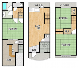 堺市堺区栄橋町、中古一戸建ての間取り画像です