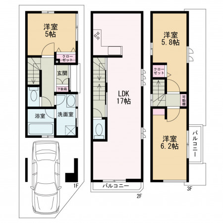 京都市中京区壬生森町、新築一戸建ての間取り画像です