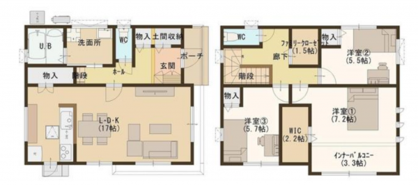 福山市沖野上町、中古一戸建ての間取り画像です