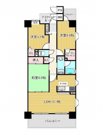 福山市西桜町、マンションの間取り画像です