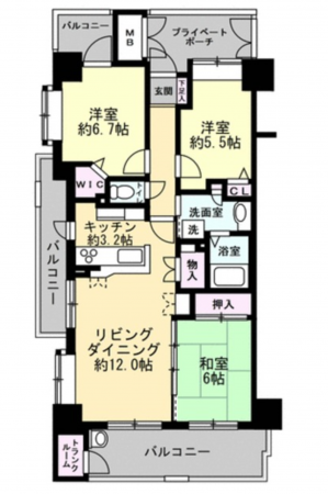 福山市南手城町、マンションの間取り画像です