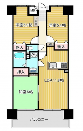 福山市日吉台、マンションの間取り画像です