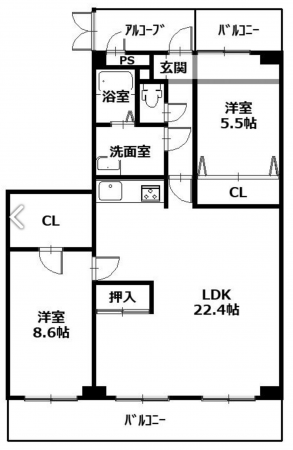 福山市日吉台、マンションの間取り画像です