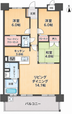 福山市新涯町、マンションの間取り画像です