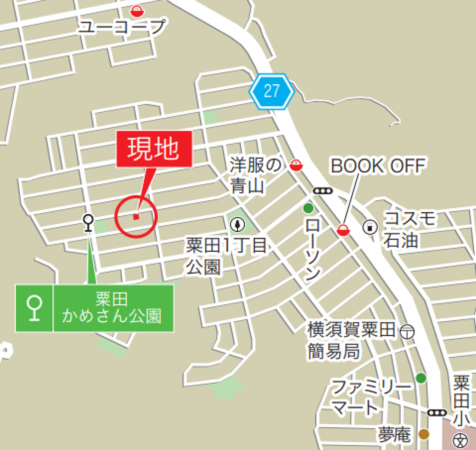 横須賀市粟田、新築一戸建ての地図画像です