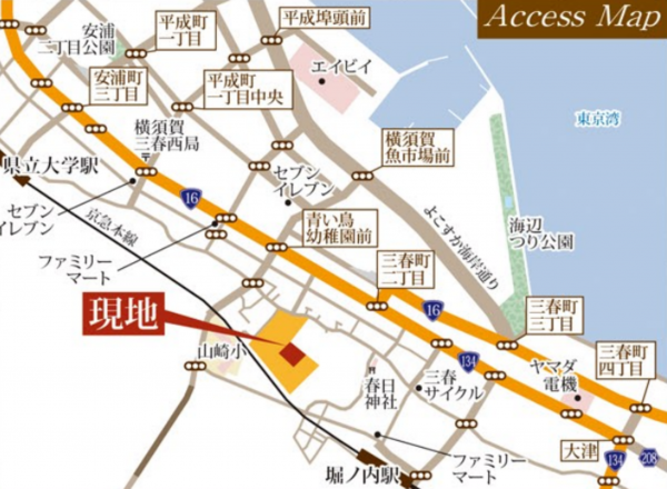 横須賀市三春町、新築一戸建ての地図画像です